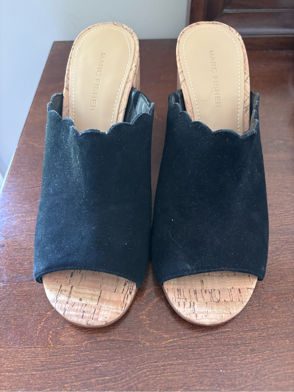 Marc Fisher Pomme Black Cork Block Heel Mules